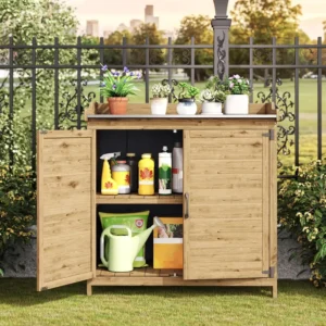 Pflanztisch mit Unterbau, Gartenkabine mit Arbeitsplatte mit 1 beweglicher Ablage für den Innen- und Außenbereich (natürlich, grau)