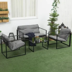 Outsunny Gartenmöbel 4 Zimmer für 4 Personen mit 2-Sitzer-Sofa, 2 Sesseln und 1 Couchtisch 3 Kissen für Gartenterrasse - Stahl schwarz polyester grau
